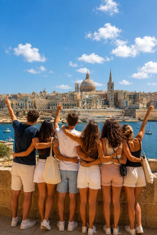 Grupo de intercambistas brasileiros da LetMeGo! reunidos durante o intercâmbio em Malta